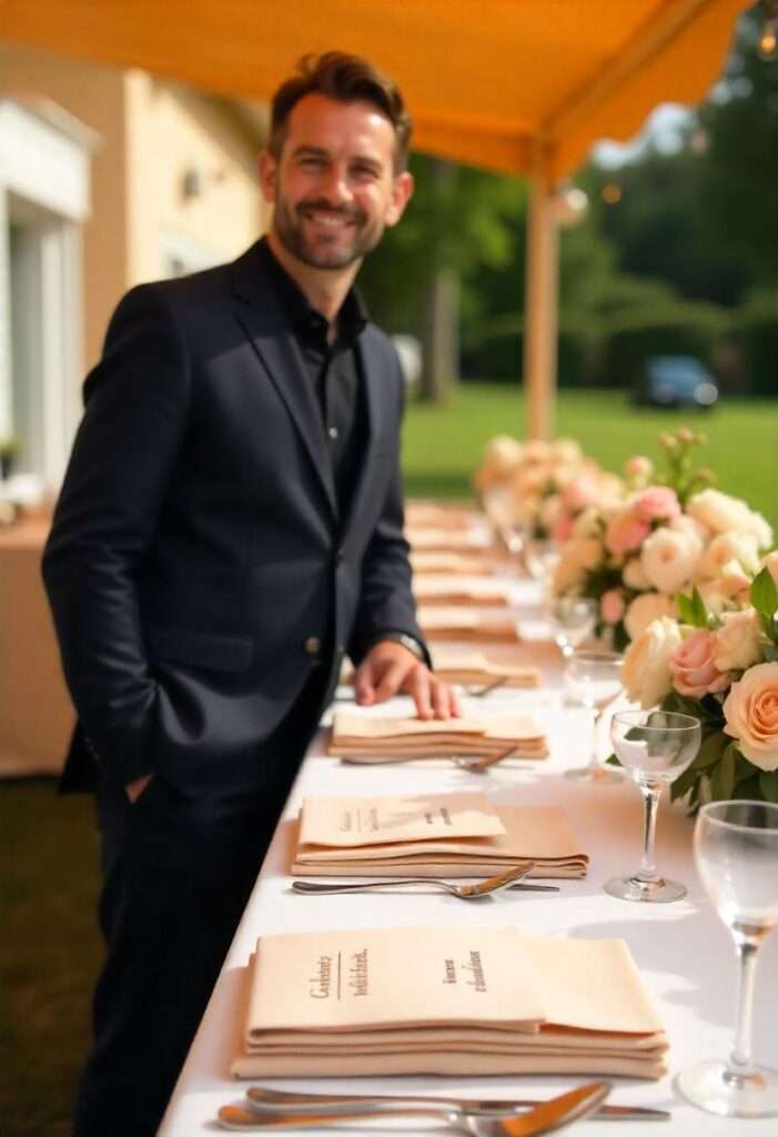 Bestecktaschen mit individuellem Druck – Weinempfehlung, Branding & Event-Kommunikation in einem Individuell bedruckte Bestecktaschen mit QR-Codes, Event-Design oder Nachhaltigkeitsbotschaft in der Gastronomie