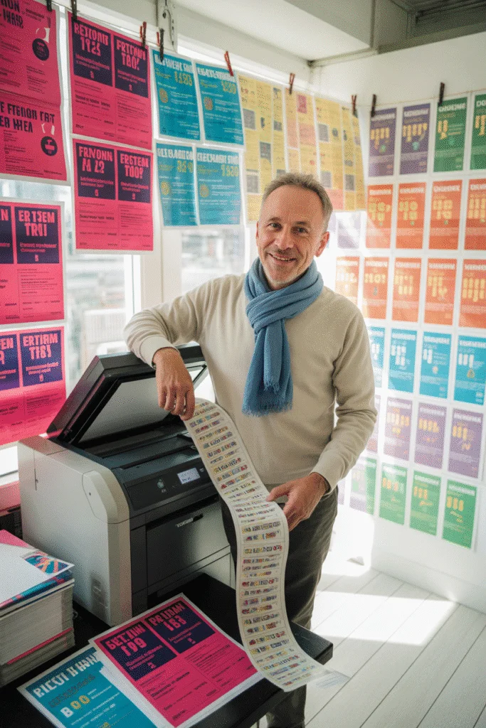 Digitaldruck für flexible und schnelle Kleinauflagen Mann druckt farbenfrohe Flyer in einer modernen Digitaldruckerei mit vielfältigen Layouts