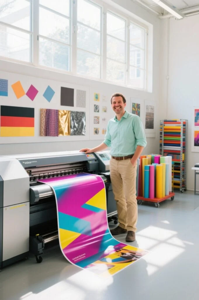 Digitaldruck für hochauflösende, flexible Drucklösungen Mitarbeiter in moderner Druckerei mit großformatigem Digitaldruck in kräftigen Farben
