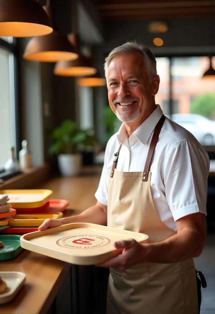 Gastro-Serviertabletts – funktional, rutschfest und mit individuellem Design bedruckbar Individuell bedruckte Gastro-Serviertabletts mit rutschfester Oberfläche im täglichen Serviceeinsatz