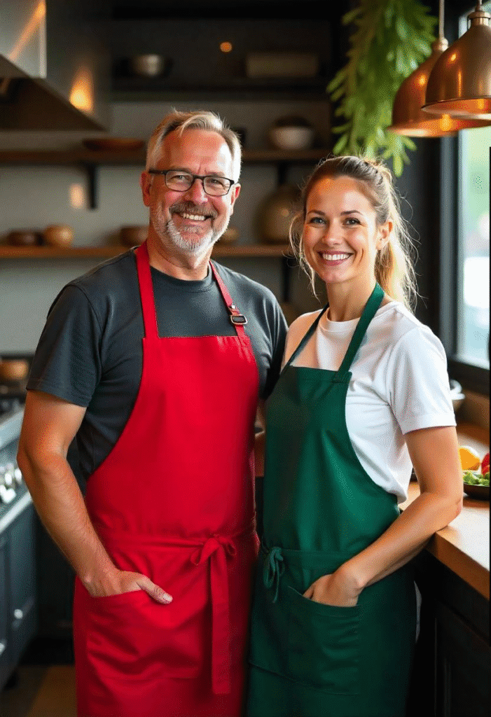 Gastronomie-Schürzen mit individuellem Druck für einheitliches Auftreten und Werbewirkung Professionell bedruckte Gastronomie-Schürze mit Firmenlogo in einer modernen Restaurantküche