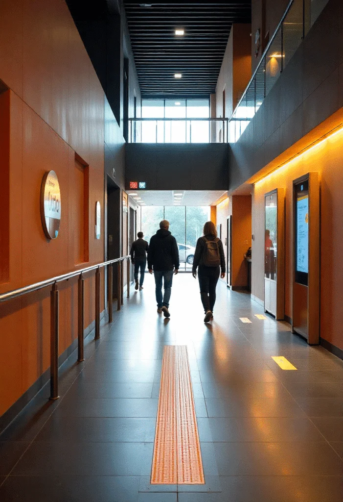 Barrierefreie Leitsysteme mit Bodenindikatoren, kontrastreichen Beschilderungen und Sprachausgabe, die eine selbstbestimmte Fortbewegung in öffentlichen Räumen ermöglichen.