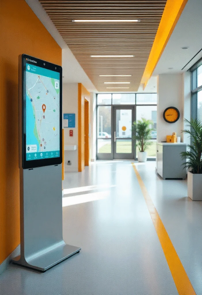 Barrierefreies Leitsystem mit Bodenindikatoren, Braille-Beschriftungen und digitaler Orientierungshilfe in einem Behördenzentrum, Universitätsklinikum und Einkaufszentrum.