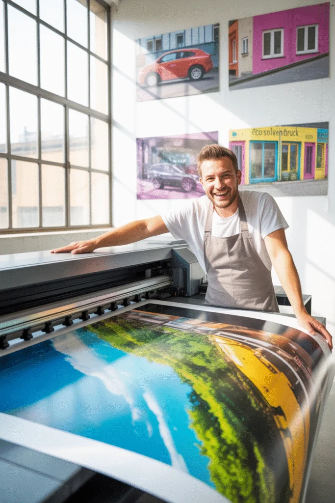 Ecosolventdruck für langlebige und umweltfreundliche Drucklösungen Moderner Drucker bei der Arbeit in einer hellen Druckerei mit Ecosolventdruck-Technologie