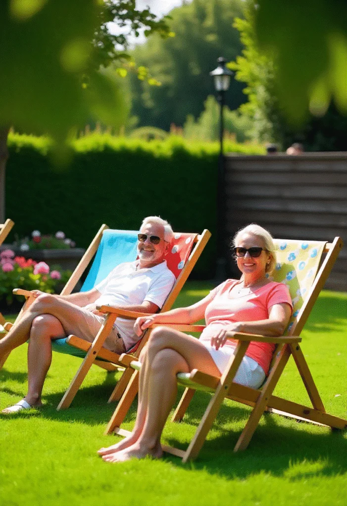Älteres Paar entspannt auf bunten Liegestühlen im sonnigen Garten