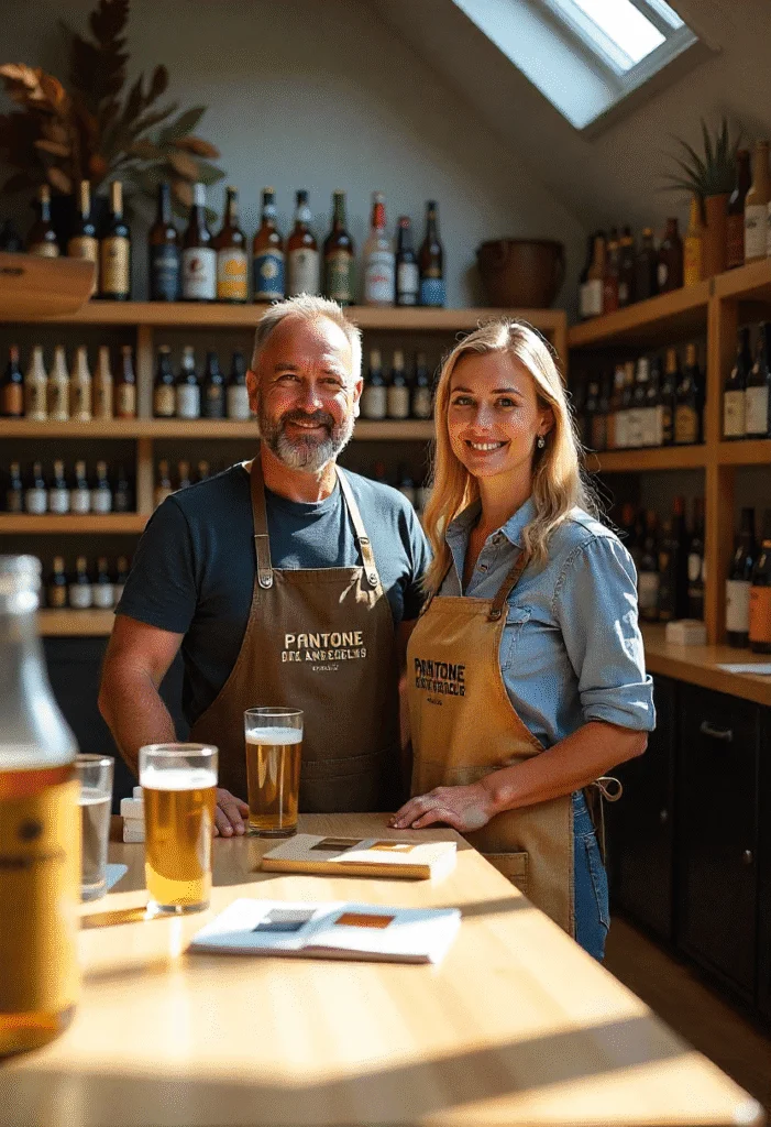Zwei Personen mit Pantone-Schürzen in einer Brauerei, Biergläser und Farbmuster auf dem Tisch