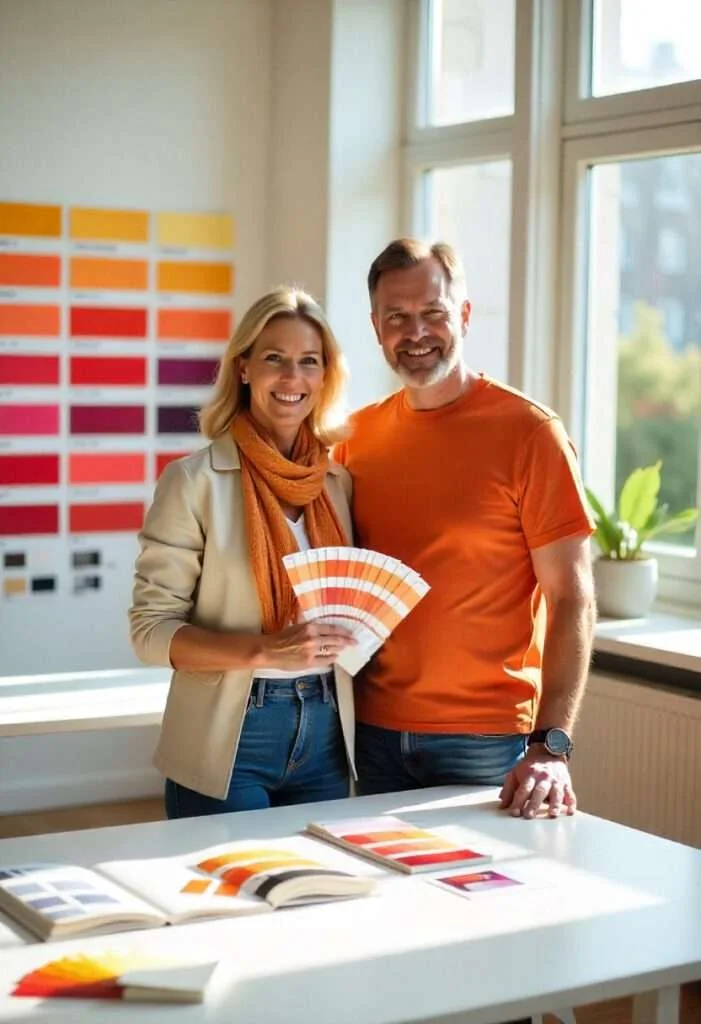 Zwei Designer mit Pantone-Farbfächer bei der Farbberatung im Designstudio