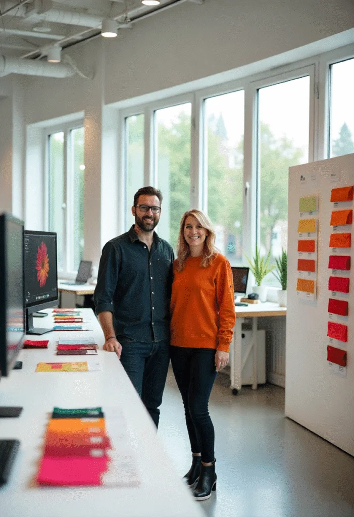 Zwei Designer im modernen Büro mit Pantone Farbmusterkarten und Stoffproben für konsistente Markenidentität