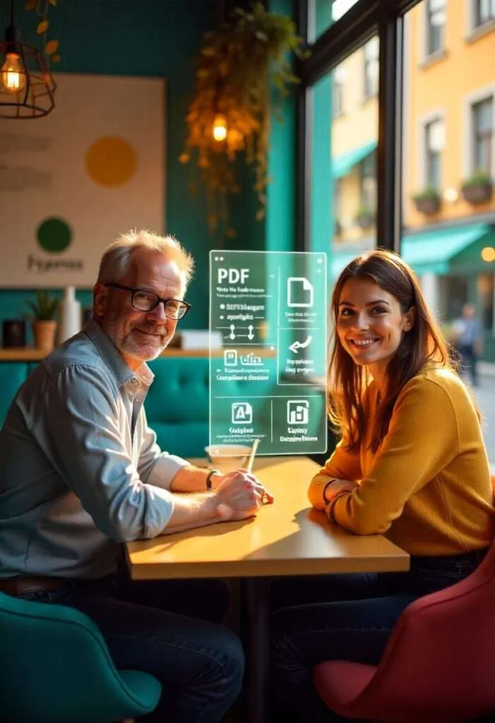 Zwei Personen im Café mit virtueller PDF-Datei-Darstellung zur Erklärung von Funktionsweise und Vorteilen
