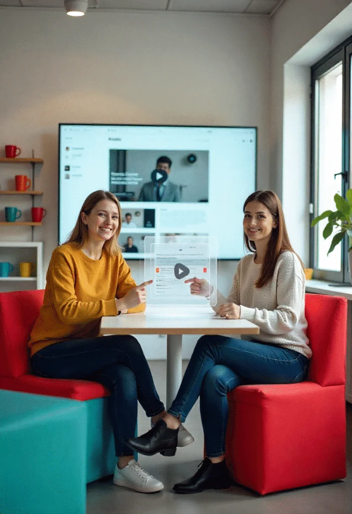 Zwei Frauen präsentieren interaktive PDF-Datei mit Videoelementen als modernes Unternehmensdokument