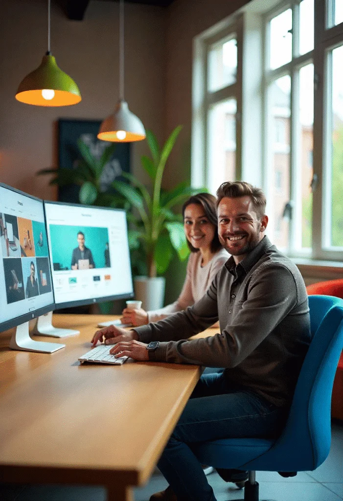 Zwei Personen arbeiten am Computer an PDF-Dateien für sicheren, plattformübergreifenden Dokumentenaustausch