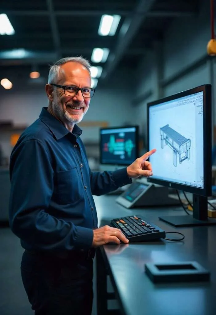 CAD-Vektorgrafik im industriellen Design – präzise, skalierbare technische Zeichnungen Ingenieur arbeitet am CAD-Computer mit technischer Vektorgrafik für präzises Industriedesign