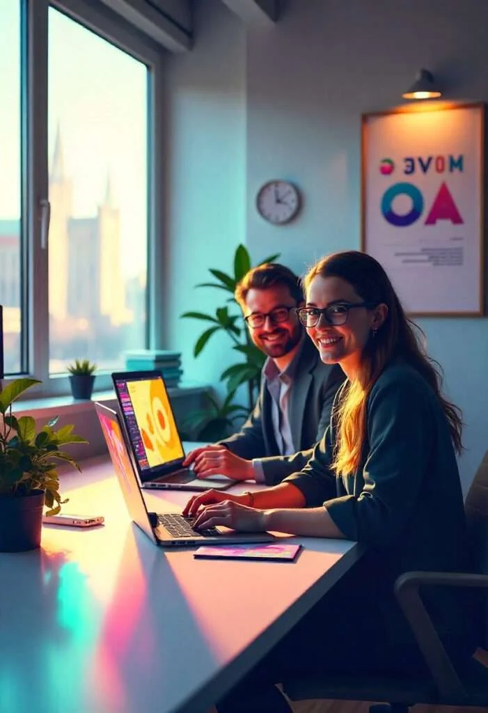 Teamarbeit im Büro mit Vektorgrafik – skalierbares, präzises Design für professionelle Anwendungen Zwei Designer arbeiten im modernen Büro am Laptop mit Vektorgrafik, skalierbarem Design und präziser Linienführung