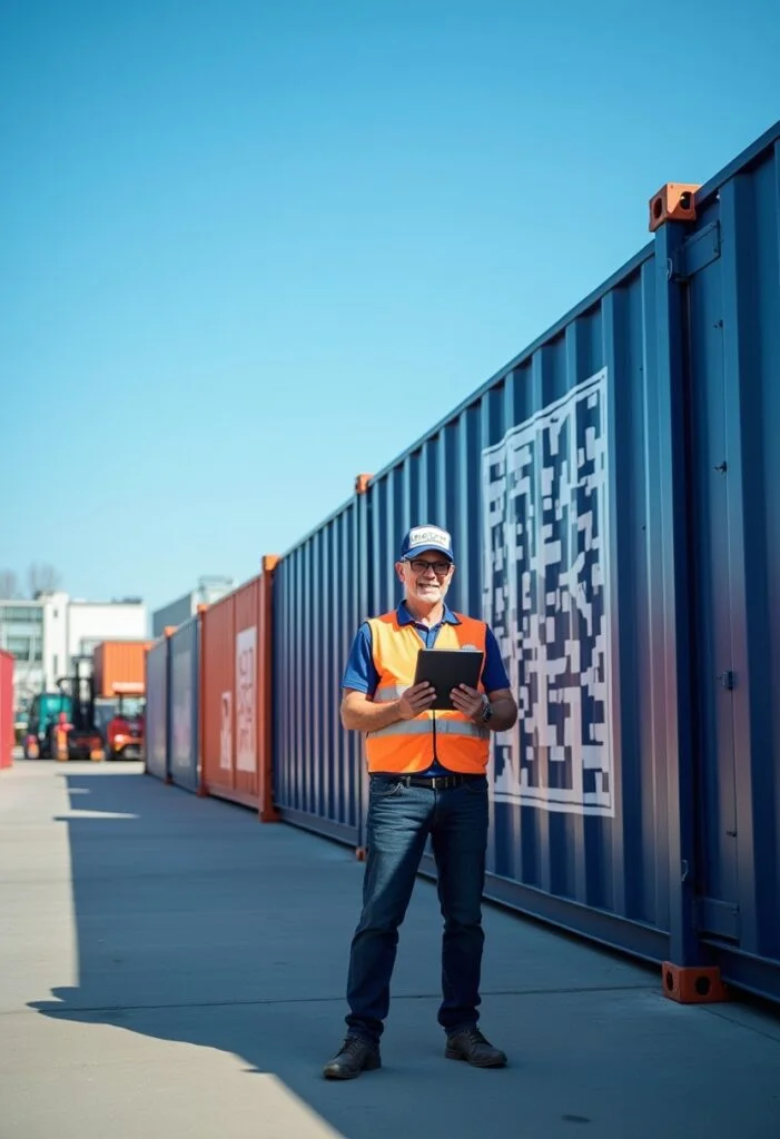 Mitarbeiter mit Tablet vor blauem Container mit QR-Code-Beklebung im Speditionshof.