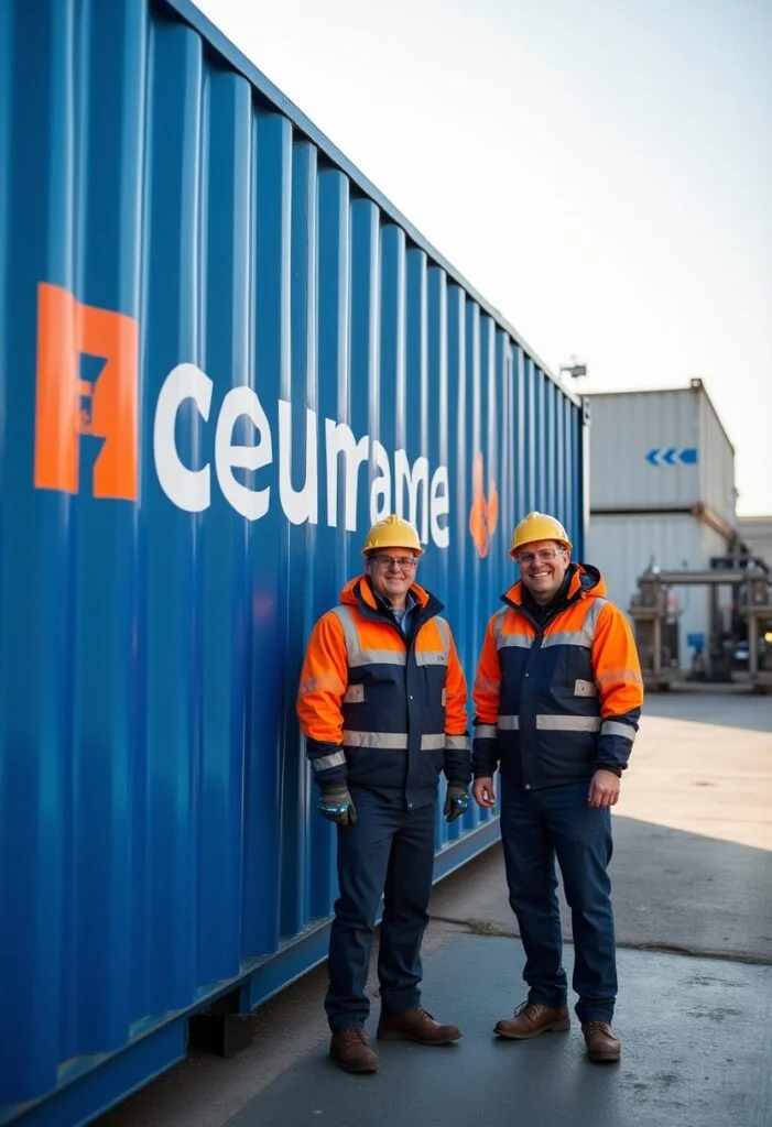 Zwei Arbeiter mit Schutzkleidung vor einem Container mit Folienbeklebung.