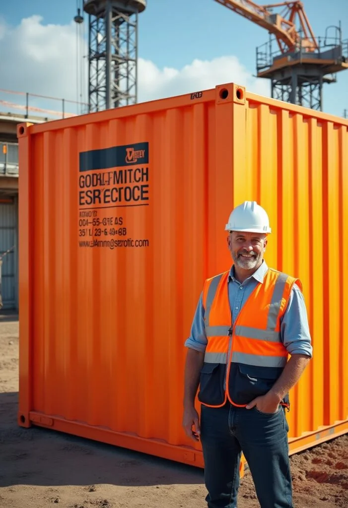 Arbeiter mit Helm und Warnweste vor orangefarbenem Container mit Firmenlogo.