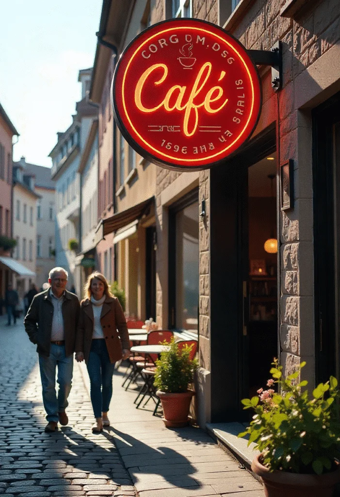 Rundes LED-Fahnenschild mit Café-Schriftzug in einer Altstadtstraße – hohe Sichtbarkeit und Wiedererkennung am Abend