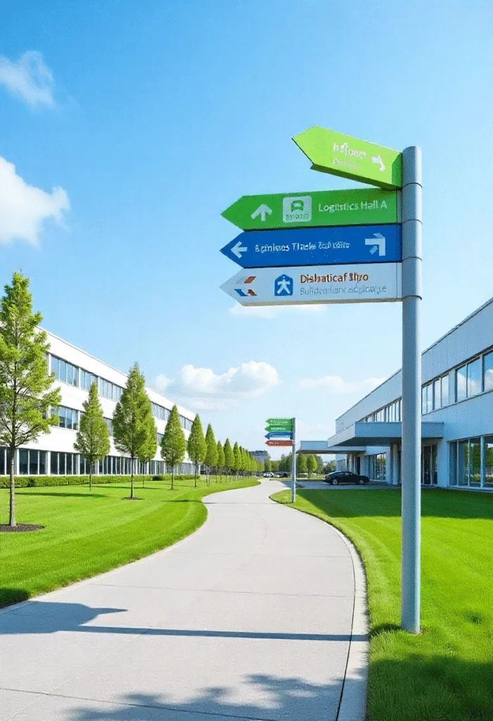Wegweiser mit farbigen Fahnenschildern auf einem modernen Campus – doppelseitig, sichtbar und ideal für Orientierungssysteme
