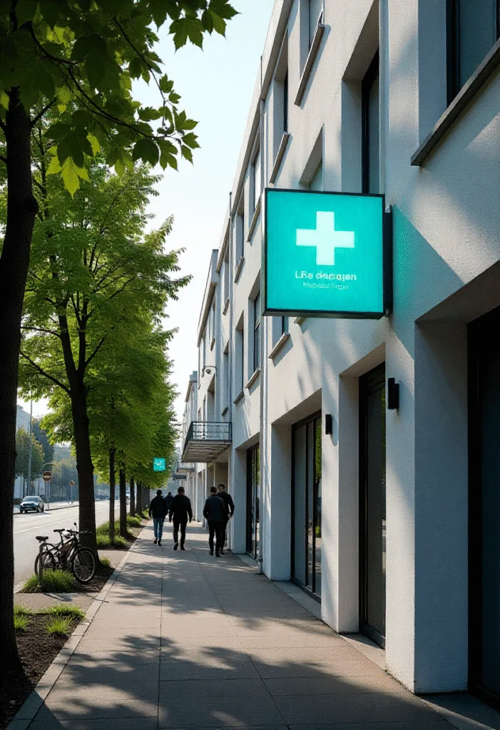 Beleuchtetes Fahnenschild mit Kreuzsymbol an moderner Fassade – Orientierung und Markenidentität für Geschäfte und Praxen