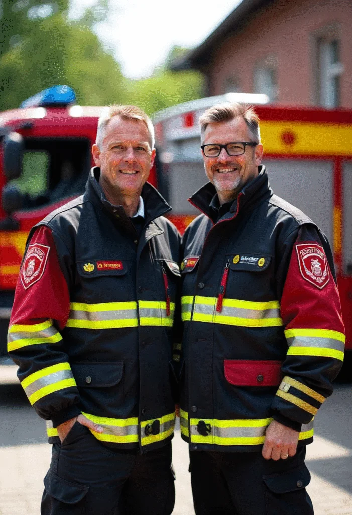 Zwei Feuerwehrmänner in bestickter Einsatzkleidung mit Logos und Abzeichen vor Feuerwehrfahrzeug.