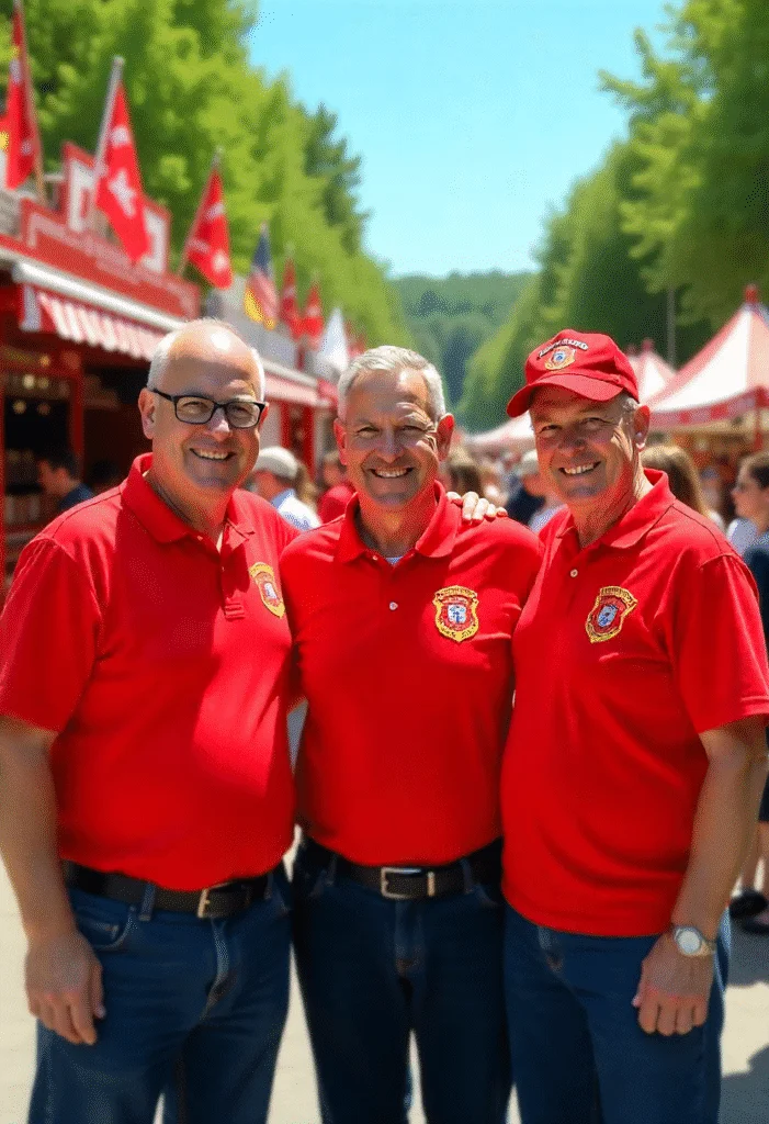 Drei Feuerwehrmänner in roten bestickten Polohemden mit Wappen auf einem Stadtfest.