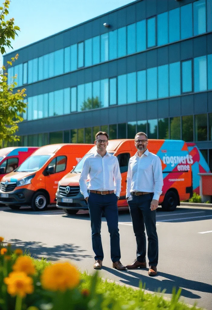 Professionelle Flottenbeschriftung von Firmenfahrzeugen mit Logo und Unternehmensfarben vor Bürogebäude