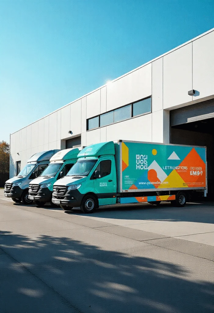 Mehrere Lkw mit auffälliger Flottenbeschriftung vor Logistikhalle – langlebige mobile Werbung und Corporate Branding