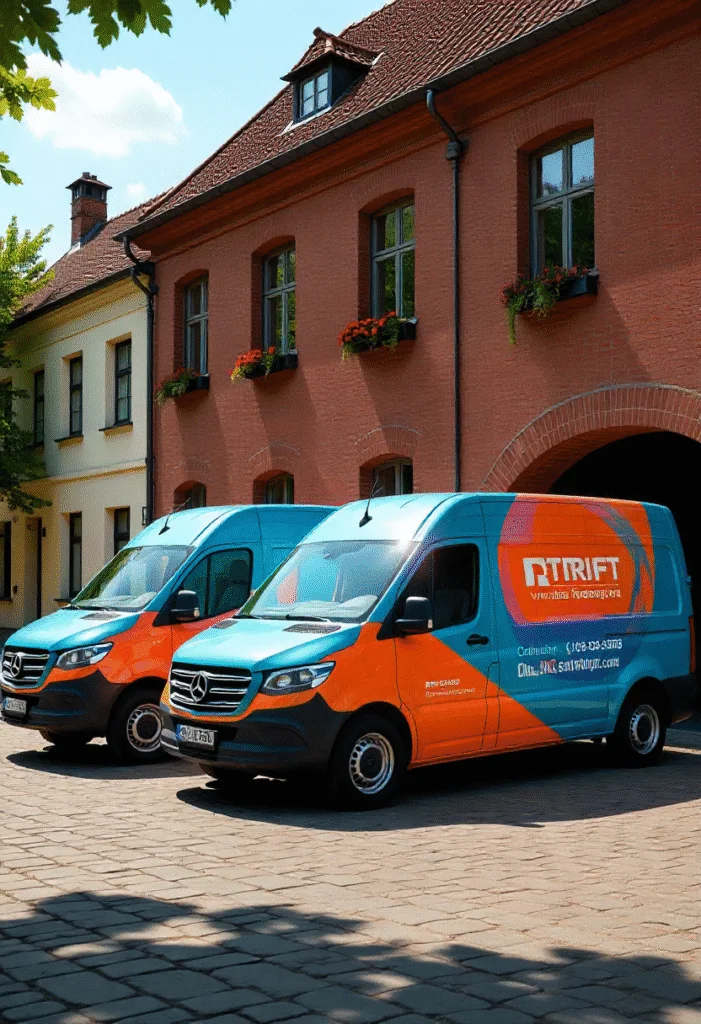 Zwei Mercedes-Transporter mit auffälliger Flottenbeschriftung vor traditionellem Gebäude – regionale Werbung für Handwerksbetriebe
