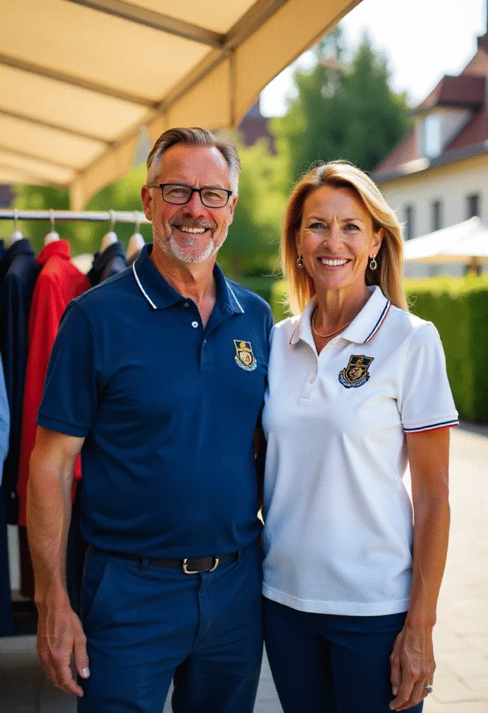 Vereinskleidung bestickt – Identität und Gemeinschaft sichtbar machen Mann und Frau tragen bestickte Vereinskleidung in Form von Poloshirts mit Logo.