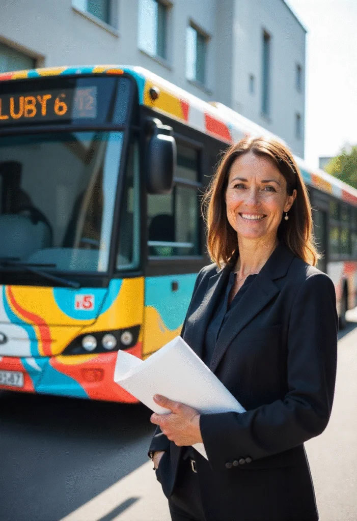 Busbeklebung als mobile Werbeflaeche Frau steht vor modern beklebtem Bus und zeigt Beispiel fuer mobile Werbeflaeche durch individuelle Busbeklebung