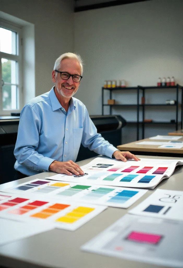 Mann betrachtet Farbfächer mit HKS Farben für den professionellen Druck.