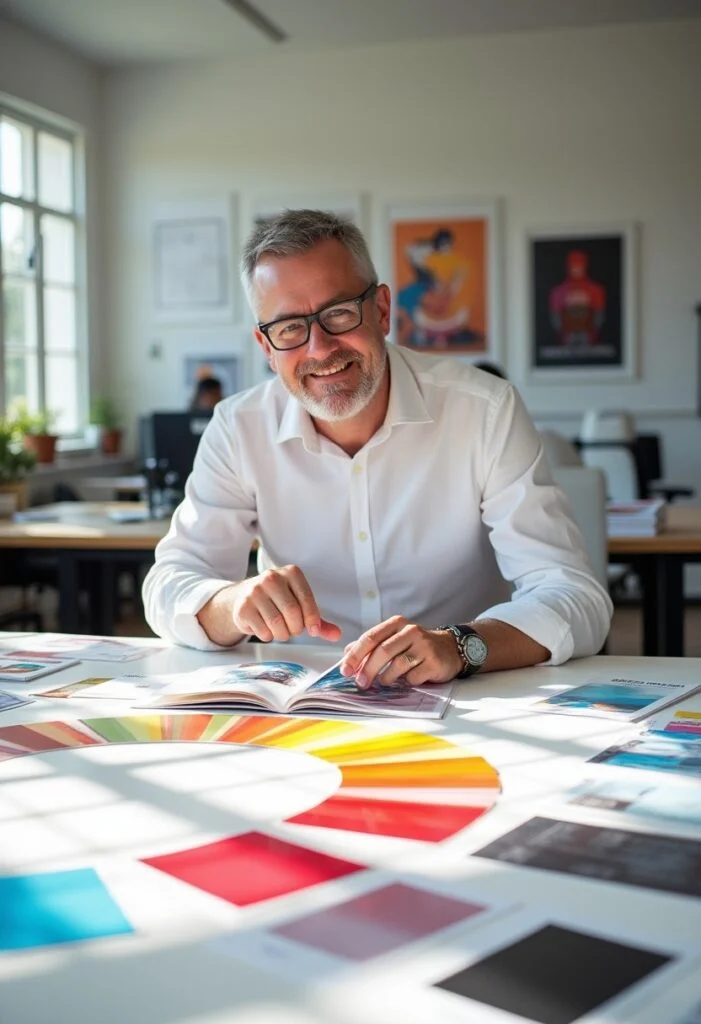 Designer mit HKS Farbfächern und Druckmustern für professionelle Printprodukte.