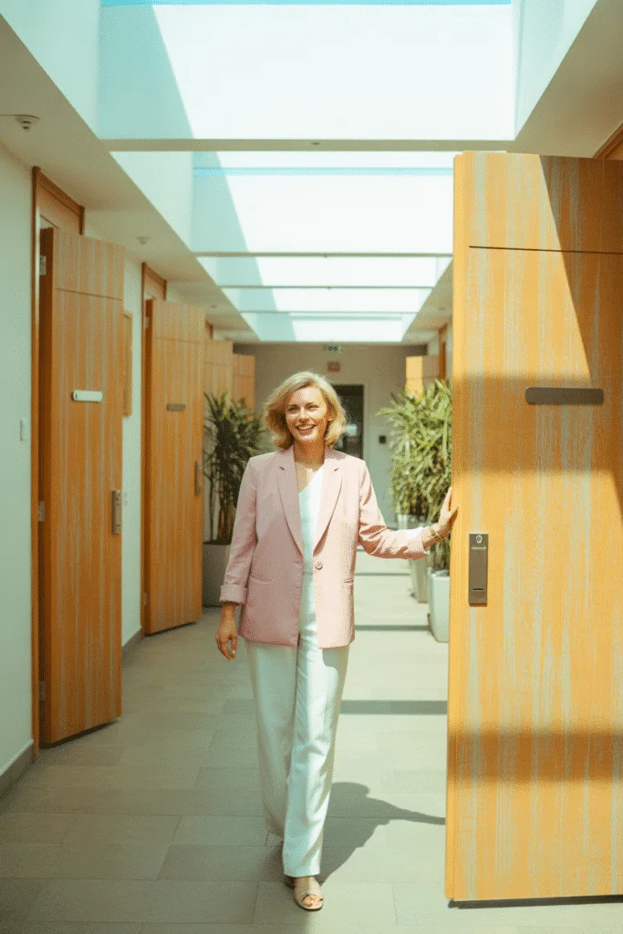 Heller Hotelkorridor mit modernen Türen in Holzoptik, renoviert mit Interiorfolie