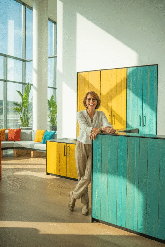 Modernes Büro mit farbenfrohen Möbeln, die Interiorfolie-Oberflächen in hellem Tageslicht zeigen