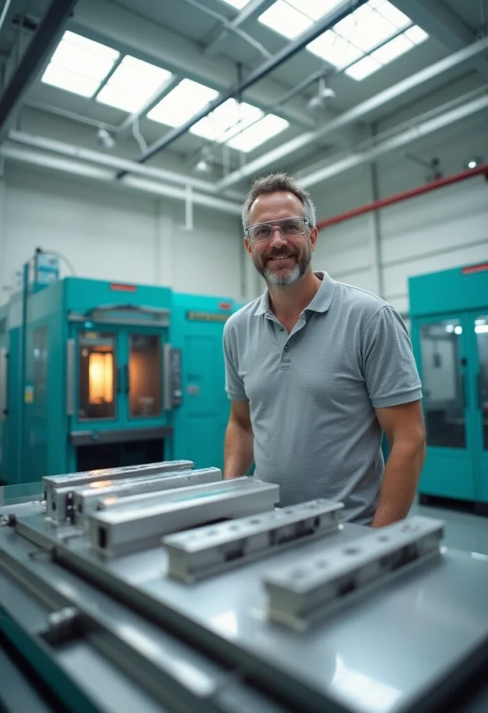 Ingenieur in moderner Fertigungshalle mit Bauteilen und Nuten für präzise Verbindungen