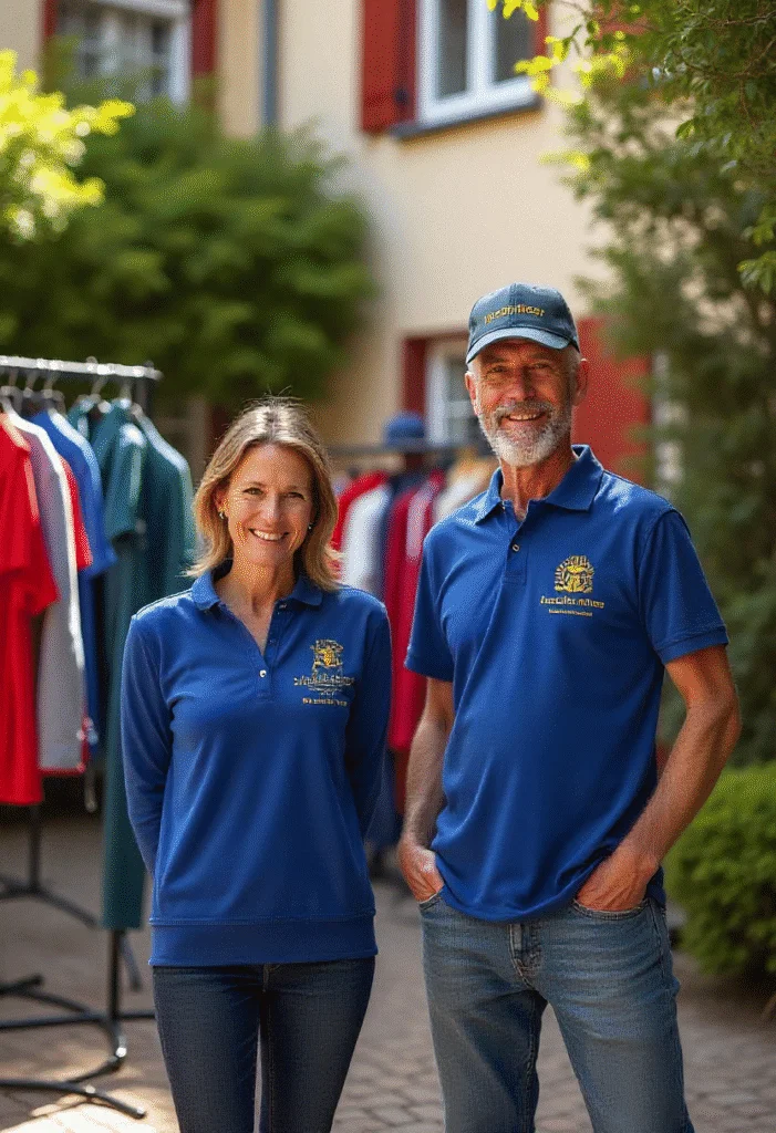 Vereinskleidung bestickt – hochwertige Poloshirts und Caps mit Logo Zwei Personen tragen bestickte Vereinskleidung in Blau, Poloshirt und Cap mit Logo.