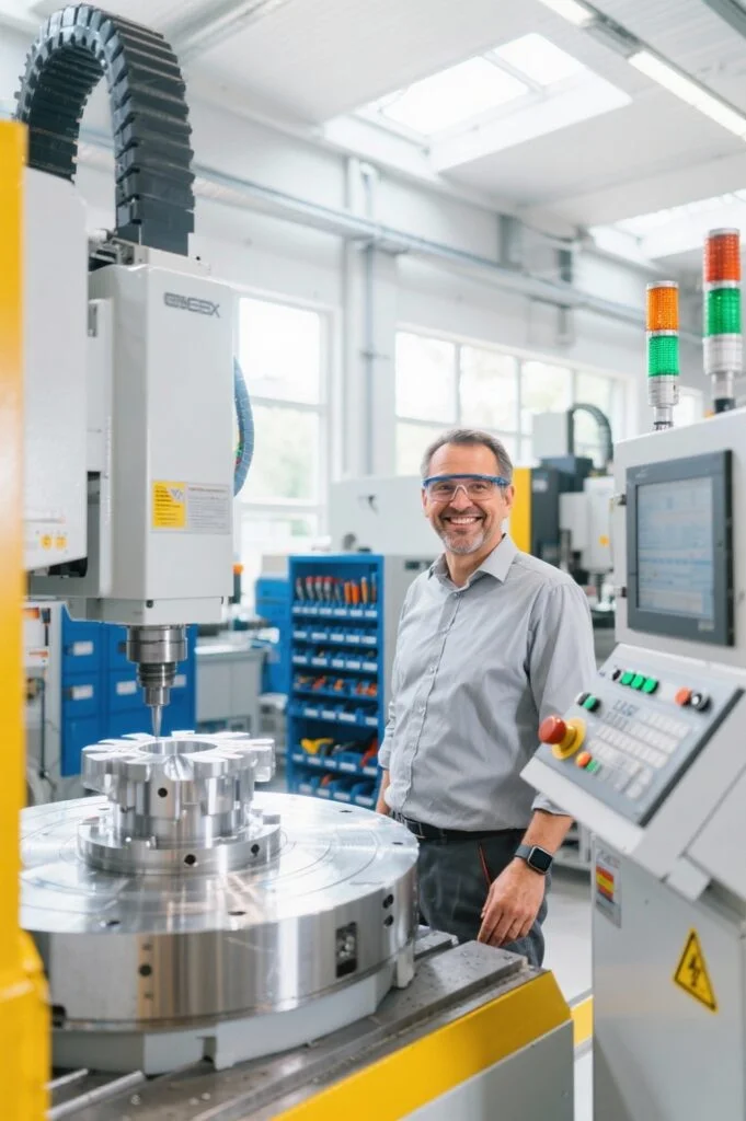 CNC-Fräsen in Deutschland – Präzision und Effizienz in der Metallbearbeitung Ingenieur steht an moderner CNC-Fräsmaschine in deutscher Werkstatt mit präzise bearbeitetem Metallteil