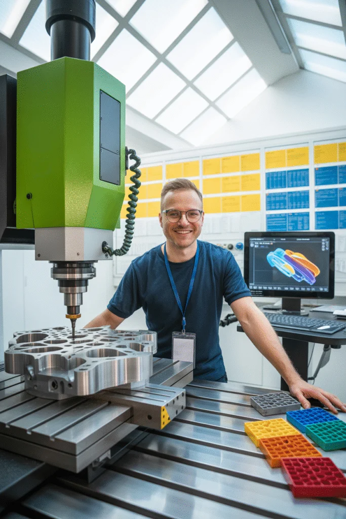 CNC-Fräsen im Prototyping – Präzision von Metall bis Kunststoff Ingenieur arbeitet im deutschen Prototyping-Labor an CNC-Fräsmaschine mit CAD-Software und Metallbauteil