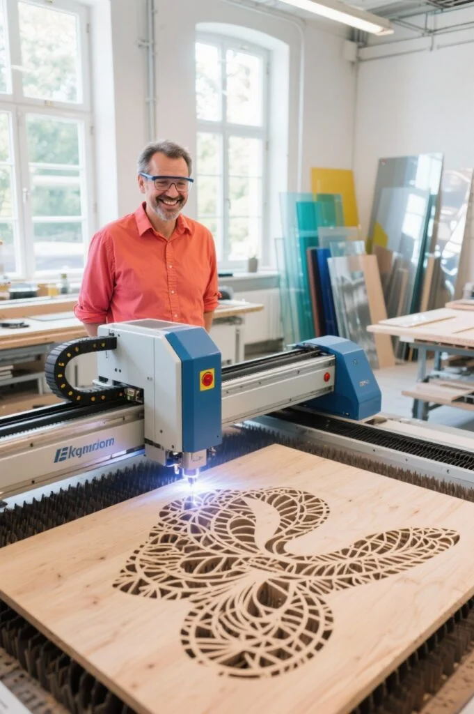 Lasern: Präzise Schnitte und Gravuren in moderner Werkstatt Laserschneiden und Gravieren eines filigranen Designs in einer modernen Werkstatt in Deutschland.