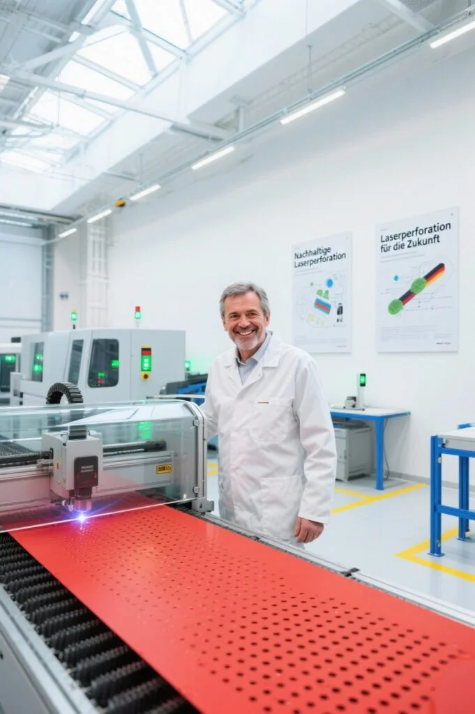 Laserperforation in der Industrie – präzise Technik für nachhaltige Produktion Ingenieur in deutscher Produktionshalle mit Laserperforationsmaschine zur Bearbeitung von Materialien.