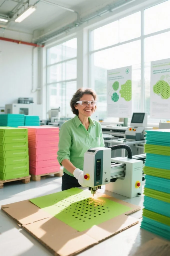 Laserperforation in der Verpackungsindustrie – präzise, atmungsaktiv und effizient Mitarbeiterin in deutscher Produktionshalle bedient Laserperforationsmaschine für Verpackungsfolien und Kartonmaterialien.