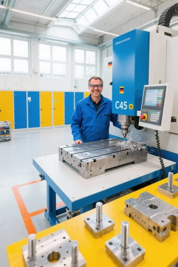 CNC-Maschinenbau in Deutschland – Präzision bei Vorrichtungen und Gehäusen Techniker steht an CNC-Fräsmaschine und bearbeitet Vorrichtungen und Gehäuseteile in deutscher Werkstatt