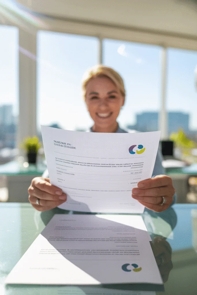 Dokumentenbearbeitung und professionelles Branding in modernen Büros. Professionelle Frau hält ein Geschäftsdokument in einer Büroumgebung.