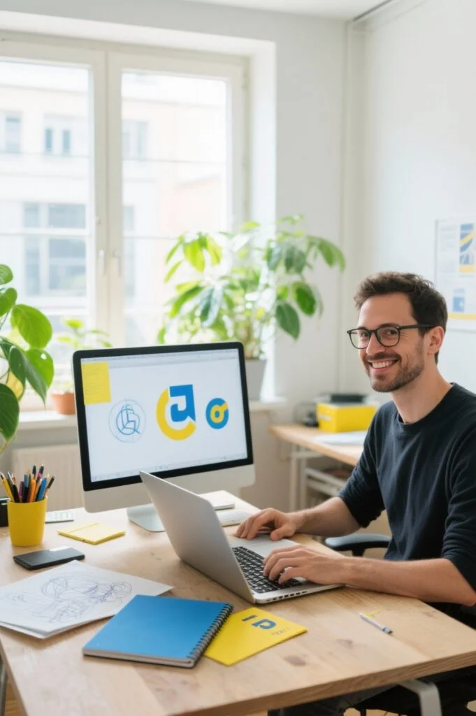 Logo-Design und Markenidentität für nachhaltigen Erfolg. Professioneller Designer gestaltet ein Logo am Arbeitsplatz mit Laptop und Bildschirm.