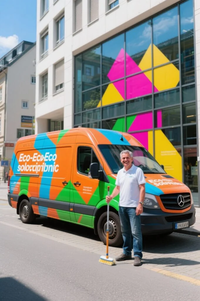 Ecosolventdruck für Fahrzeugbeschriftung und nachhaltige Werbetechnik Firmenfahrzeug mit farbenfroher Ecosolventdruck-Beschriftung vor moderner Fassade in der Innenstadt