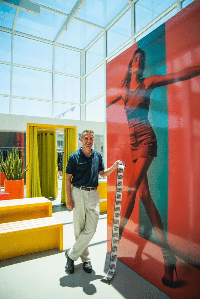 Ecosolventdruck für langlebige Wandgrafiken und Werbefolien Ladenbauer präsentiert großflächige Wandgrafik mit Ecosolventdruck in modernem Modegeschäft