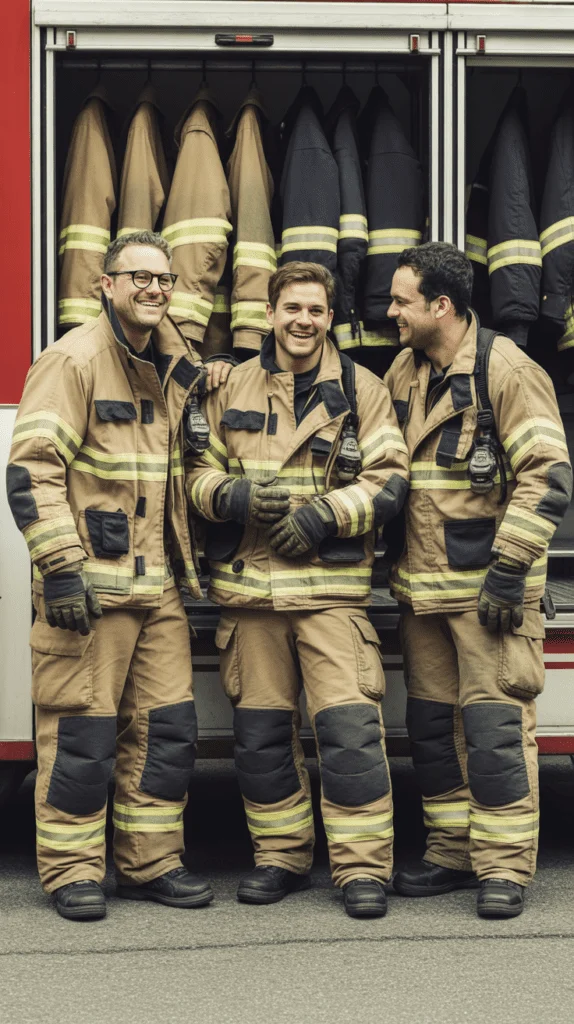 Feuerwehrmänner in bedruckter Einsatzkleidung vor Feuerwehrfahrzeug