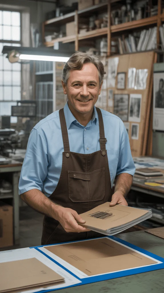 Facharbeiter bereitet Papier und Karton durch Rillen für saubere Falzkanten vor