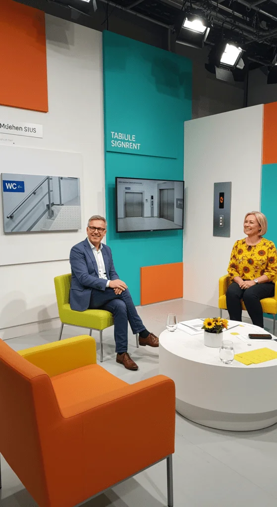TV-Studio-Szene zur barrierefreien Orientierung mit taktiler Beschriftung und Brailleschrift