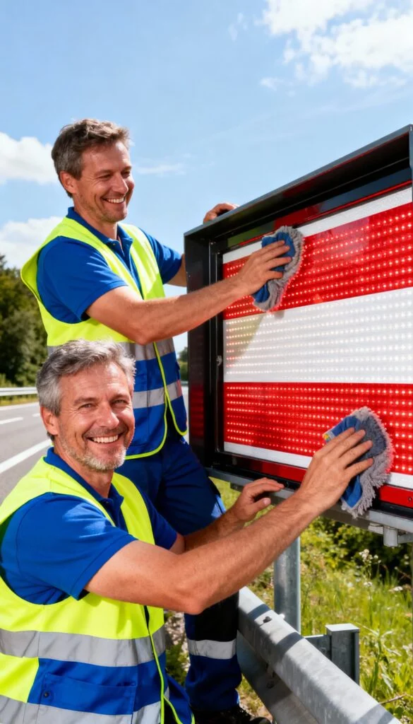 Pflege von LED-Werbeanlagen im Außenbereich Professionelle Reinigung und Wartung eines LED-Leuchtkastens an einer Straße